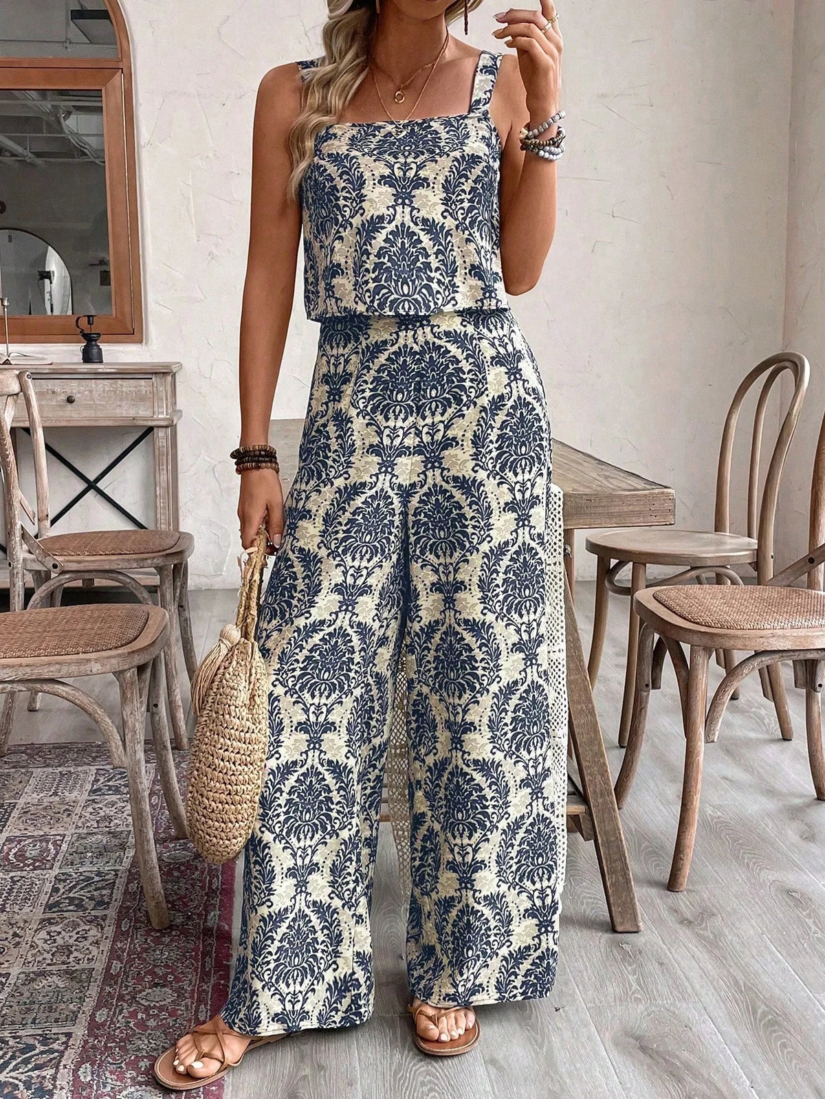 Conjunto Feminino Regata e Calça Soltinho Estampado Retrô