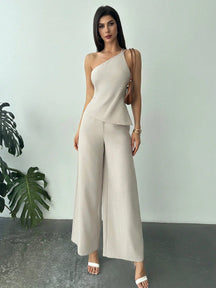 Conjunto Alfaiataria Feminino Blusa Assimétrica e Calça Pantalona